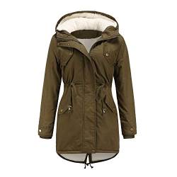 WERVOT Damen Parka Winterjacke mit Kapuze, Baumwolle Kordelzug Hoodie Fleece Gefüttert Mantel Warme Fell Jacke Outdoor Lang Coat Mit Taschen(Armeegrün,4XL) von WERVOT