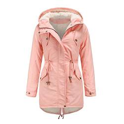 WERVOT Damen Parka Winterjacke mit Kapuze, Baumwolle Kordelzug Hoodie Fleece Gefüttert Mantel Warme Fell Jacke Outdoor Lang Coat Mit Taschen(Rosa,3XL) von WERVOT