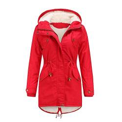 WERVOT Damen Parka Winterjacke mit Kapuze, Baumwolle Kordelzug Hoodie Fleece Gefüttert Mantel Warme Fell Jacke Outdoor Lang Coat Mit Taschen(Rot,4XL) von WERVOT