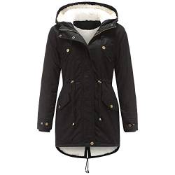 WERVOT Damen Parka Winterjacke mit Kapuze, Baumwolle Kordelzug Hoodie Fleece Gefüttert Mantel Warme Fell Jacke Outdoor Lang Coat Mit Taschen(Schwarz,3XL) von WERVOT