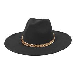 WERVOT Fedora Trilby Hut Unisex Filz Fedora Hüte Mit Gürtel Breiter Flacher Krempe Kette Britischer Jazzhut Formaler Panama Kappe Filzhut Wintermütze Outdoorhut für Männer Frauen (Black, one Size) von WERVOT