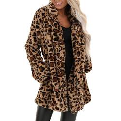 WERVOT Mantel Damen Winter Leopardenmuster Wintermantel Lose Kunstpelz Outwear Jacke Fuzzy Warm Winterjacke mit Taschen(Braun,XL) von WERVOT
