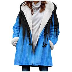 WERVOT Mantel Damen Winter Plus Kaschmir Retro Wintermantel Mit Kapuze Warme Gefüttert Parka Jacke Horn Taste Winterjacke mit Taschen Langarm Übergröße Kapuzenjacke(W Blau,4XL) von WERVOT