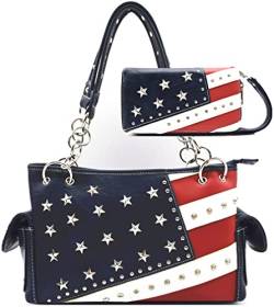 Amerikanische Flagge USA Sterne und Streifen Patriotische Leder Geldbörse Frauen Strass Land Handtasche Brieftasche Set Rot Weiß und Blau, #1 Marineblaues Set, Large von WESTERN ORIGIN