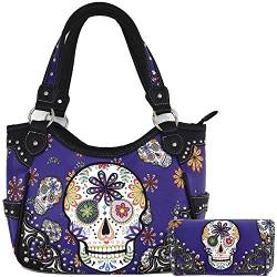 Sugar Skull Rose Heart Flower Day of the Dead Verdeckte Tragetasche Damen Handtasche Schultertasche Brieftasche Set, #4 Violett-Set, Large von WESTERN ORIGIN