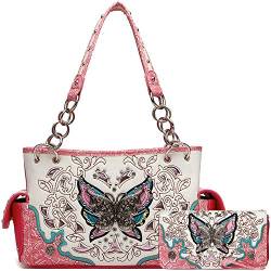 Western-Stil Frühling Schmetterling Blume versteckte Tragetasche Frauen Country Handtasche Schultertasche Brieftasche Set, #2 Fuchsia Set, Large von WESTERN ORIGIN