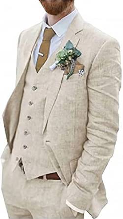 3 Stück Vintage Leinenanzüge, lässige Mode Slim Jacke Blazer + Weste + Hosen Smoking for Hochzeiten und Geschäft (Farbe : Beige, Größe : 44) von WETRIM