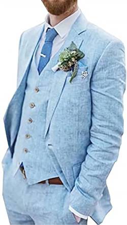 3 Stück Vintage Leinenanzüge, lässige Mode Slim Jacke Blazer + Weste + Hosen Smoking for Hochzeiten und Geschäft (Farbe : Blue, Größe : 46) von WETRIM