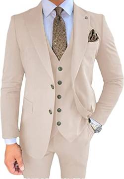 Herrenanzüge Normale Passform 3 Stück Solid Smoking Business Jacke Blazer + Weste + Hosen Set Hochzeitsbrühe (Farbe : Beige, Größe : 58) von WETRIM