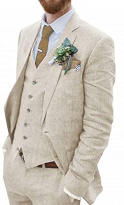 WETRIM Retro Blauer Leinenanzug for Männer Casual Hochzeitsanzug for Männer Seersucker Anzug Slim Fit 3 Stück Jacke Blazer Bräutigam Smoking (Farbe : Beige, Größe : 48) von WETRIM
