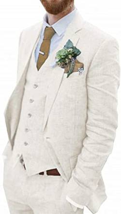 WETRIM Retro Blauer Leinenanzug for Männer Casual Hochzeitsanzug for Männer Seersucker Anzug Slim Fit 3 Stück Jacke Blazer Bräutigam Smoking (Farbe : Ivory-coloured, Größe : 60) von WETRIM