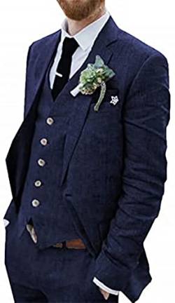 WETRIM Retro Blauer Leinenanzug for Männer Casual Hochzeitsanzug for Männer Seersucker Anzug Slim Fit 3 Stück Jacke Blazer Bräutigam Smoking (Farbe : Navy Blue, Größe : 58) von WETRIM