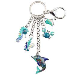 WEVENI Cute Delfin Schlüsselanhänger Seepferdchen Schlüsselring Krabbe Charms Muschel Schmuck für Damen Frauen Mädchen Ozean Geschenke (Blau) von WEVENI JEWELRY