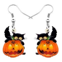 WEVENI Acryl Halloween Kürbis Schwarz Katze Ohrringe Anhänger Cat Schmuck für Damen Frauen Mädchen (Orange) von WEVENI
