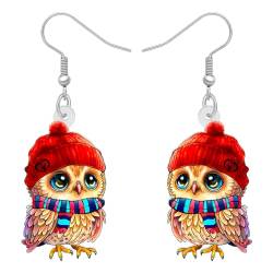 WEVENI Cute Acryl Eule Ohrringe Anhänger Cartoon Vogel Schmuck für Damen Mädchen Eule Liebhaber Geschenke (Rote Mütze Eule) von WEVENI