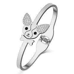 WEVENI Cute Chihuahua Hund Geschenke Edelstahl Chihuahua Manschette Armreifen Armbänder Zubehör Charms für Damen Mädchen Hund Mama (Versilbert) von WEVENI