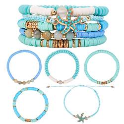 WEWAYSMILE 5 Stück Heishi-Perlen Stapelbare Armbänder, Heishi-Armbänder-Set, Heishi Armband Boho-Perlenarmband-Set für Frauen, Blau, Innendurchmesser: 2-1/4~3-5/8 Zoll (5,6~9,3 cm) von WEWAYSMILE