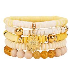 WEWAYSMILE 5 Stück Heishi-Perlen Stapelbare Armbänder, Heishi-Armbänder-Set, Heishi Armband Boho-Perlenarmband-Set für Frauen, Gelb, Innendurchmesser: 2 1/8~2-1/4 Zoll (5.5~5.8cm) von WEWAYSMILE