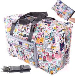 Große, faltbare Reisetasche für Frauen und Mädchen, niedliches Blumenmuster, Wochenendausflüge, zum Handgepäck, karierte Gepäcktasche, Schultertasche für Kinder, beige (Beige) - WFLB-01 von WFLB