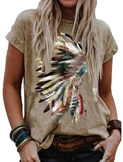 Frauen Western Tribal Bedruckte T-Shirt Kurzarm Tops Blusen 3D Federn Druck Rundhalsausschnitt T-Shirts von WFSWG