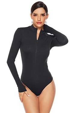 WFSWG Lässiger Bodysuit für Damen Rollkragen/Stehkragen mit Reißverschluss Langarm Strampler Herbst Winter Gerippter Strick Figurbetonter Playsuit von WFSWG