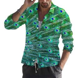 WFSWG Mode Männer Hemden Umlegekragen Knopfhemd Männerkleidung Casual 3D Pfau gedruckt Langarm Tops von WFSWG