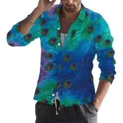 WFSWG Mode Männer Hemden Umlegekragen Knopfhemd Männerkleidung Casual 3D Pfau gedruckt Langarm Tops von WFSWG