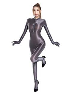 WHB Damen sexy Bodystocking Dessous offener Schritt Strumpfhose Glänzende Öl Ganzkörper Reizwäsche Durchsichtiges Babydoll Netzsocken Erotik Jumpsuit mit Handschuhe (one Size,Grau) von WHB