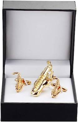 Krawattenstange Manschettenknöpfe, Krawattenklammer for Krawattennadel for Herrengeschenk, goldene Saxophon-Krawattenklammern, Manschettenknöpfe, Krawattenklammer-Set (Farbe: 3) ( Color : A ) von WHIMSIMART