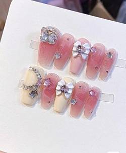 French Nude Nails Tips Mit Diamant Hand Gemalt Blumen, Kurze Lange Presse Auf Gefälschte Nägel Mit 3D Handgefertigten Edelsteinen, Box Acryl Full Coverage Nails Tips Für Frauen Und Mädchen (L,b) von WHKJSS