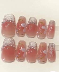 French Nude Nails Tips Mit Diamant Hand Gemalt Blumen, Kurze Lange Presse Auf Gefälschte Nägel Mit 3D Handgefertigten Edelsteinen, Box Acryl Full Coverage Nails Tips Für Frauen Und Mädchen (L,d) von WHKJSS