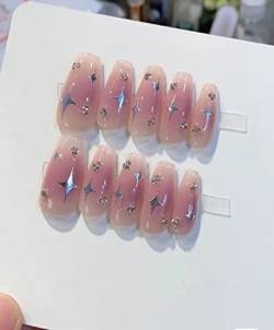 French Nude Nails Tips Mit Diamant Hand Gemalt Blumen, Kurze Lange Presse Auf Gefälschte Nägel Mit 3D Handgefertigten Edelsteinen, Box Acryl Full Coverage Nails Tips Für Frauen Und Mädchen (M,i) von WHKJSS