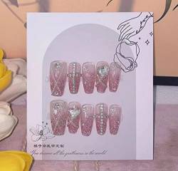 Naked Pink Daily Diamond Handbemalte Kunstnägel, Langes Handgefertigtes Set Mit 10 Wiederverwendbaren Drucknägeln Für Frauen Und Mädchen (XS,1) von WHKJSS