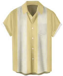 Herren Kurzarm Button Down Vintage Bowling Shirts Hawaii Casual Bedruckt Strandshirt Sommer Regular Fit Top, Bowling-Creme Gelb, L von WHO IN SHOP