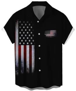 Herren Kurzarm Button Down Vintage Bowling Shirts Hawaii Casual Bedruckt Strandshirt Sommer Regular Fit Top, Patriotische schwarze Flagge, XL von WHO IN SHOP