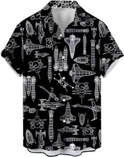 WHO IN SHOP Herren Hawaiihemd Alle Muster Print Kurzarm Button Down Shirts, Schwarze Raketen, Klein von WHO IN SHOP