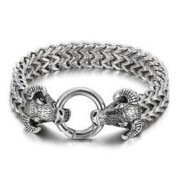 WHOIY Herren Armkette Herren in Edelstahl, Doppel Stierkopf Glieder Link Pärchen Armband Eco-Verpackung Kleine Geschenke für Männer, 21.5cm Länge, 13mm Breite, Silber von WHOIY