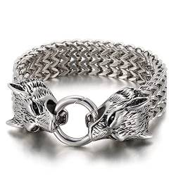 WHOIY Herren Gliederarmbänder für Herren in Edelstahl, Punk Wolf Armbänder für Männer Biker Punk Rock Herren-Accessoires, 22.5cm Länge, 18mm Breite, Silber von WHOIY