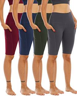 WHOUARE 4er-Pack Biker-Yoga-Shorts mit Taschen für Frauen, hohe Taille, Bauchkontrolle, Workout-Shorts, 4 Packungen # Armeegrün, Marineblau, Dunkelgrau, Burgunderrot, X-Groß von WHOUARE