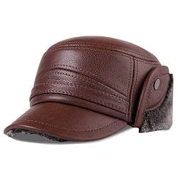 WHSPORT Herren Leder Fliegermützen Mit Ohrenschutz Winter Fleece Mützen Warm Kappe Wasser- und Winddicht (Color : Brown, Size : 59-60) von WHSPORT