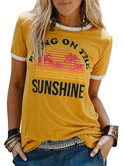 WIEIYM Damen Bring On The Sunshine T Shirt Kurzarm Rundhals Freizeit T-Shirt Sommer Tee Shirt Vintage Oberteile Oben(Gelb, S) von WIEIYM