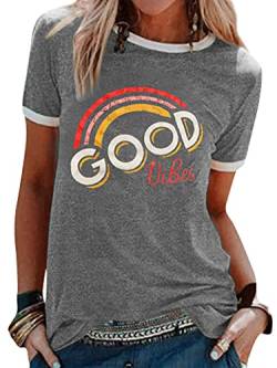 WIEIYM Damen Good Vibes T-Shirt Kurzarm Rundhals Regenbogen T Shirts Sommer Oberteil Frauen Lässig Bluse Sport Tops(Hellgrau,M) von WIEIYM