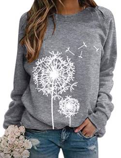 WIEIYM Damen Pullover Langarm Rundhals Bluse Shirts Pusteblume Drucken Frühling Herbst Beiläufig Oberteile Tops (Grau, XXL von WIEIYM