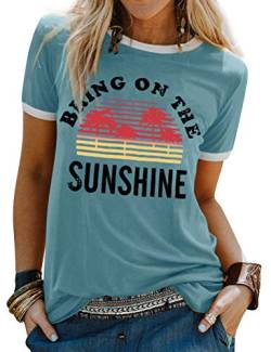 WIEIYM Damen Sommer T-Shirt Kurzarm Rundhals Tee Shirts für Frauen Bring On The Sunshine Tshirt Tops Brief Gedruckt Tee-Shirt(Blau Grün, M) von WIEIYM