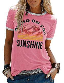 WIEIYM Damen Sommer T-Shirt Kurzarm Rundhals Tee Shirts für Frauen Bring On The Sunshine Tshirt Tops Brief Gedruckt Tee-Shirt(Pink, M) von WIEIYM