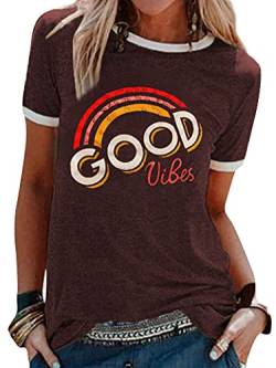 WIEIYM Damen T-Shirt Good Vibes Aufdruck Tshirt Kurzarm Rundhals Sommer Lässig Regenbogen Oberteile Bluse Tops(Claret,S) von WIEIYM