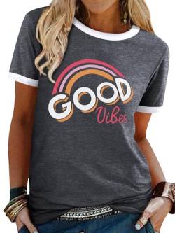 WIEIYM Damen T-Shirt Good Vibes Aufdruck Tshirt Kurzarm Rundhals Sommer Lässig Regenbogen Oberteile Bluse Tops(Dunkelgrau,S) von WIEIYM