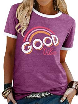 WIEIYM Damen T-Shirt Good Vibes Aufdruck Tshirt Kurzarm Rundhals Sommer Lässig Regenbogen Oberteile Bluse Tops(Lila,S) von WIEIYM