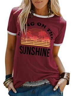 WIEIYM Damen T-Shirt Kurzarm Bring On The Sunshine Tshirt Lustig Retro Logo Tshirt Frauen Beiläufig T Shirt Mädchen Mode Tee-Shirts Brief Gedruckt Bluse Top (Rotwein, XL) von WIEIYM