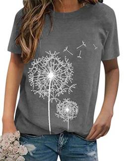 WIEIYM Damen T-Shirt Sommer Kurzarm Pusteblume Tee Shirt Tunika Löwenzahn Druck T Shirt Casual Rundhals Frauen Teenager Mädchen Bluse Oberteile Tops (Grau, L von WIEIYM